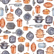 Watercolor Handdrawn Copper Kitchenware. Pattern For Fabric, Packaging And Paper. 