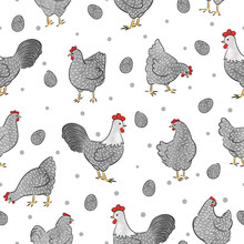 Seamless Easter Chicken Pattern With Hens, Roosters And Eggs. Chicks Vector Illustration.