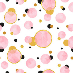 Wall Mural - Seamless dotted pattern with pink and golden circles. Vector abstract geometric background with round shapes.