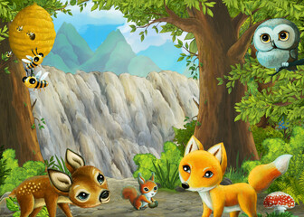 Wall Mural - Cartoon nature scene near the forest with a path - illustration