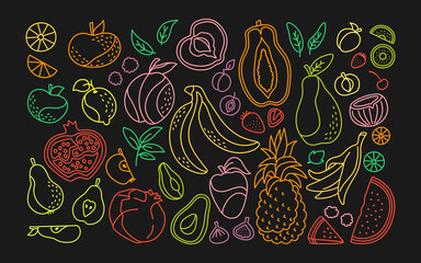 Exotic fruit doodle cartoon set. Hawaii tropical fruit, pineapple and blackberry, pear, watermelon and tangerine. Apple and plum, apricot, fig, strawberry and lemon. Isolated signs vector illustration