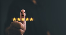 Customer Satisfaction Concept. Hand With Thumb Up Positive Emotion Smiley Face Icon And Five Star With Copy Space.