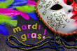 canvas print picture - Mardi Gras Text And Beads With Mask And Feathers