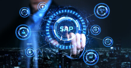 SAP System Software Automation concept on virtual screen data center. Business, modern technology, internet and networking concept.