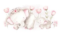 Watercolor Elephant Walking With Her Baby