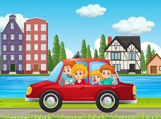 Wall Mural - Happy family travelling in the city by red car