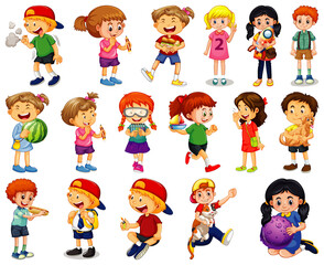 Children doing different activities cartoon character set on white background