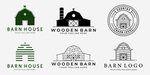 Set Bundle Of Barn Vintage Line Art Vector Logo, Illustration Design Of Barn Cabin Cottage Hut Garage Concept