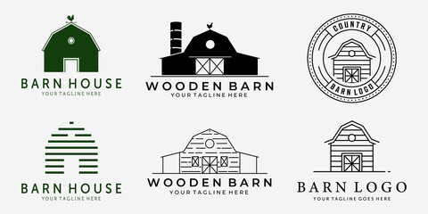 set bundle of barn vintage line art vector logo, illustration design of barn cabin cottage hut garag