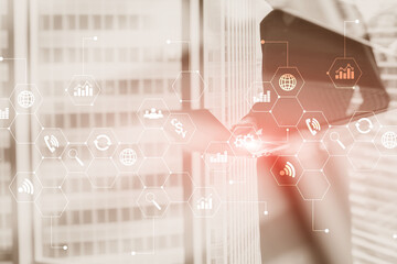 Wall Mural - Diagram automation innovation concept. Against the background of young businessmen in the office