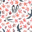 Watercolor pattern with cute swallows and sakura. On a dark background.