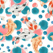 Seamless pattern with Japanese theme in watercolor style. Watercolor carps. Japanese elements.