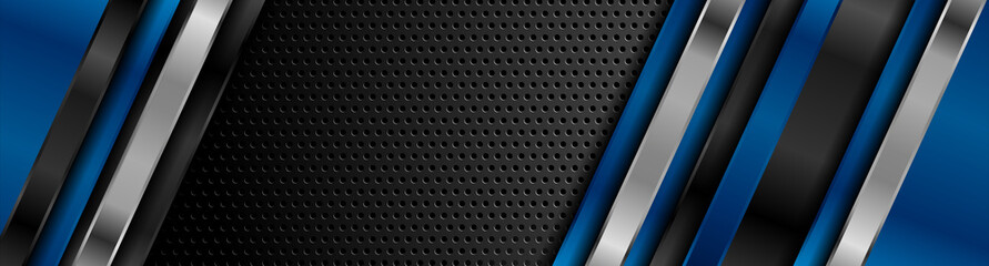 Black and blue metal stripes on dark perforated background. Vector hi-tech geometric design