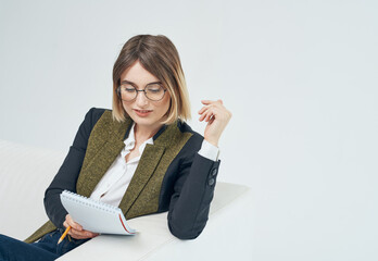 Woman In a bright room suit model business documents