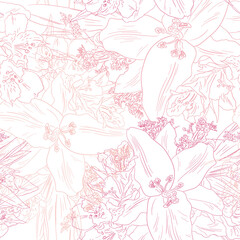 Wall Mural - Seamless background of pink and purple lilies in a bouquet. Endless background of alstroemeria and lilies.