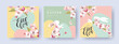 Happy Easter Set of banners, greeting cards, posters, holiday covers. Trendy design with typography, spring apple flowers, dots, eggs and bunny in pastel colors. Modern art minimalist style.