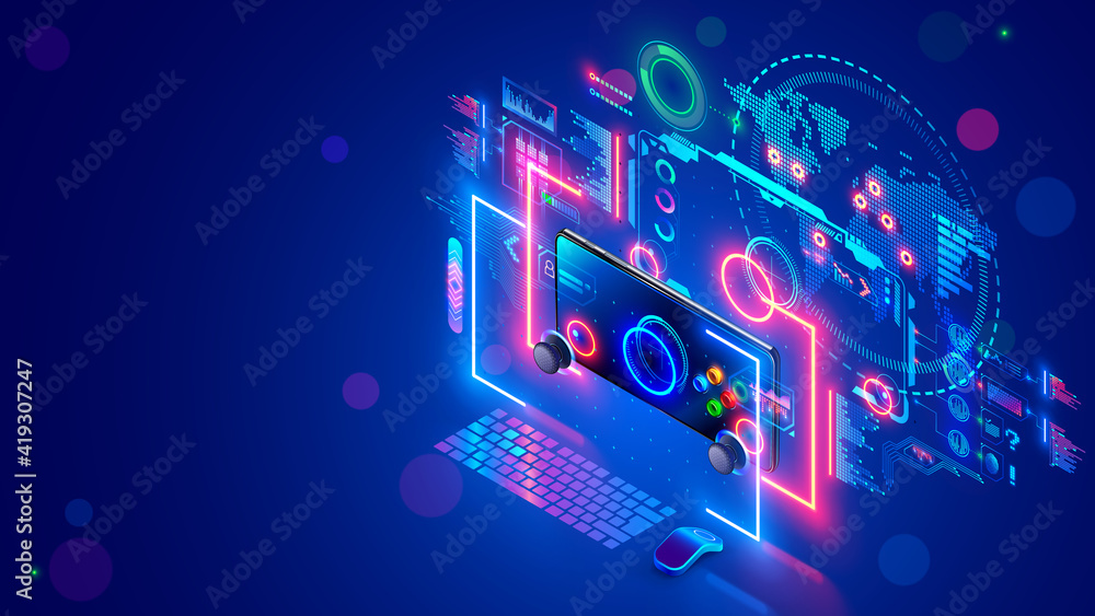 Online computer or mobile video games concept banner. E sports. Desk of computer gamer. Monitor screen, mobile phone hover near holographic of game interface, connected gaming servers on virtual map. - obrazy, fototapety, plakaty 