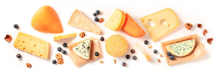 Cheese panorama, shot from above on a white background. A variety of cheeses