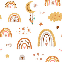 Wall Mural - Rainbow pattern. Children boho rainbow pattern, pastel rainbows, moon. Baby nursery background