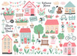 Small houses, garden flowers and trees. Perfect for scrapbooking, poster, tag, sticker kit , greeting cards, party invitations. Hand drawn vector illustration.