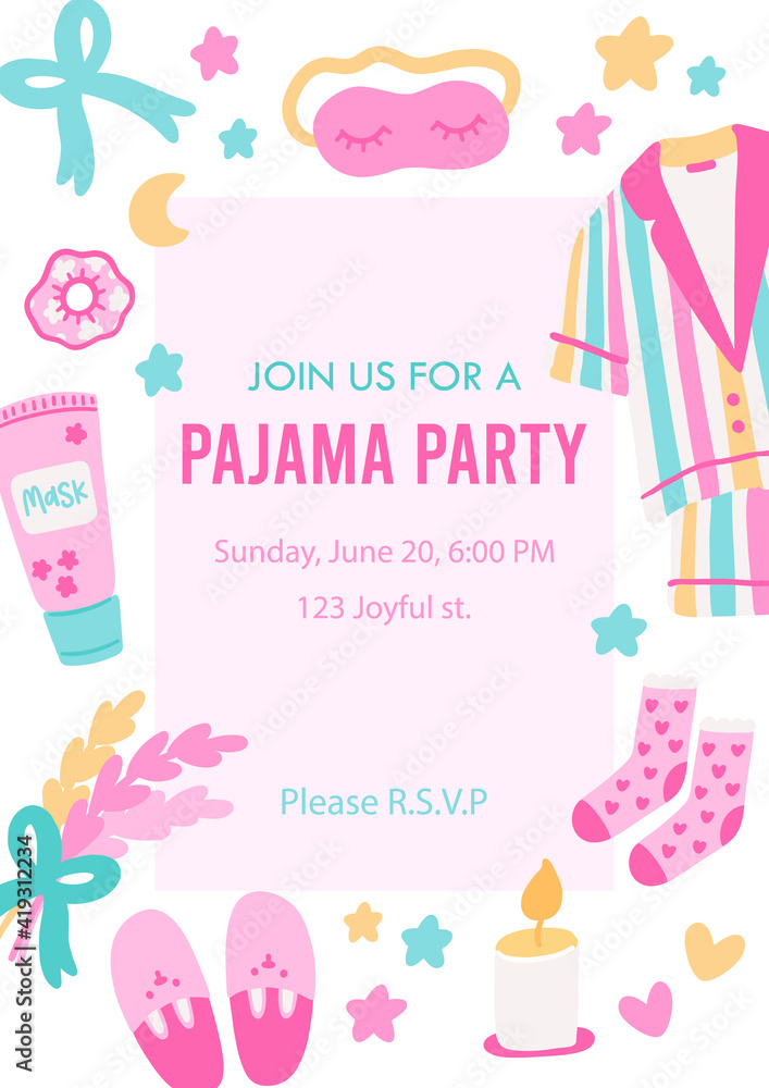 Pajama party invitation template. Card for birthday party with sample text. Editable vector illustration. Stock Vector | Adobe Stock pajama-party-invitation-template-card-for-birthday-party-with-sample-text-editable-vector-illustration-stock-vector-adobe-stock