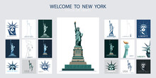 Statue Of Liberty Design Template Set. Banner, Geometric Colored Flat Design. New York. Booklet, Album Poster. Name Of The Annual Report Ad Text. X-banner. Information Banner, Vector Illustration