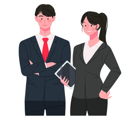 Confident posture female and male office workers. Business concept hand drawn vector illustration.