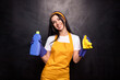 Smiling housewife with detergent and napkin