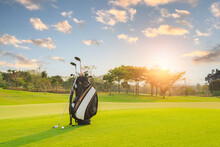 The Golf Club Bag For Golfer Training And Play In Game With Golf Course Background , Green Tree Sun Rays.