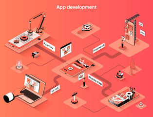 Wall Mural - app development isometric web banner. programming smartphone mobile or computer application flat iso