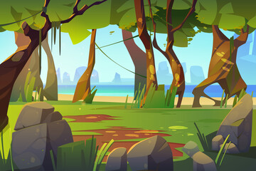 Cartoon landscape with forest and sea view, scenery background, natural trees, moss on trunks and rocks in ocean, green grass, bushes and sunlight spots on ground, summer wood vector illustration