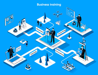 Aufkleber - Business training isometric web banner. Coaching, mentoring and consulting flat isometry concept. Career development course, education 3d scene design. Vector illustration with tiny people characters