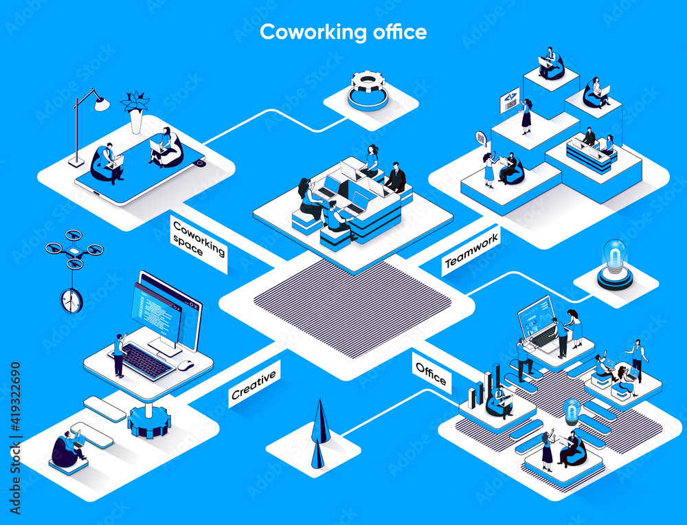 Coworking office isometric web banner. Business meeting and creative ...