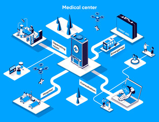 Fototapete - Medical center isometric web banner. Doctor consultation and treatment flat isometry concept. Emergency, hospital, operating room 3d scene design. Vector illustration with tiny people characters