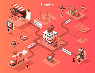 Leinwandbilder - Shopping and e-commerce isometric web banner. Internet buying clothes or shoes flat isometry concept. Delivery, storage, online payment 3d scene design. Vector illustration with tiny people characters