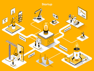 Fototapete - Startup isometric web banner. Innovation solution of business flat isometry concept. Development of new products or services, teamwork 3d scene design. Vector illustration with tiny people characters