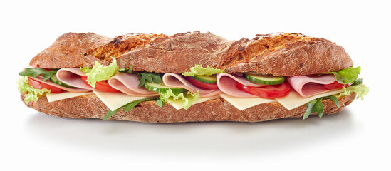 Wall Mural - Baguette sandwich with ham and fresh vegetables on table