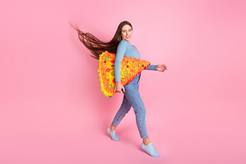 Sticker - Full size profile photo of charming satisfied person arm hold large pizza collage isolated on pink color background