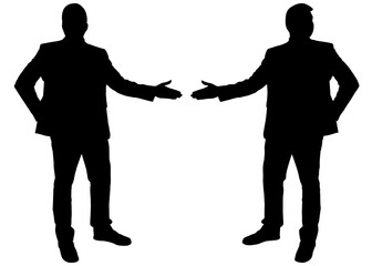 Wall Mural - Male silhouettes stand still and point at each other with a hand, demonstrate. Businessman in a suit at a presentation shaking hands. Teacher explains the material. Black silhouette isolated on white.