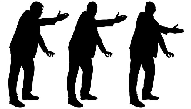Businessman is standing, leaning on a table, support, surface. Gesticulates, explains, requires. Boss. Teacher. One man in three poses. Three black male silhouettes isolated on a white background.	