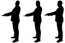 Businessman With A Folder. Three Men In Business Suits Are Standing Next To Each Other, In Line, Holding Out Their Hands With Documents. With Both Hands Hold On To The Documents. Black Silhouettes.	