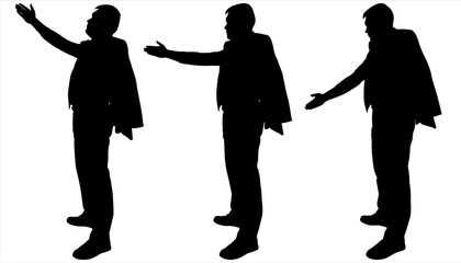 Wall Mural - Businessman with a jacket on his shoulder raised his hand and indicates the direction. Man in a suit stands and moves his hand in different directions. Three male black silhouettes isolated on a white