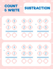 Wall Mural - Math worksheet practice print page. Double digit subtraction. Column method. Count and write.
