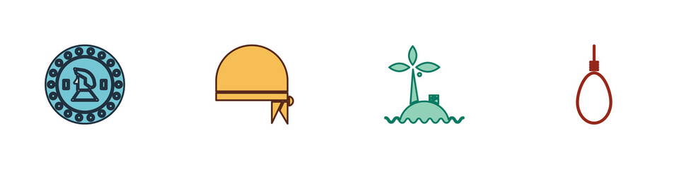 Sticker - Set Pirate coin, bandana for head, Tropical island ocean and Gallows rope loop hanging icon. Vector.