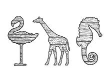 Wooden Animals Set Flamingo Giraffe Seahorse Silhouette Sketch Engraving Vector Illustration. T-shirt Apparel Print Design. Scratch Board Imitation. Black And White Hand Drawn Image.