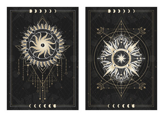 Wall Mural - Vector dark illustrations with sacred geometry symbols, grunge textures and frames. Images in black, white and gold.