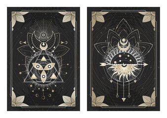 Vector dark illustrations with sacred geometry symbols, grunge textures and frames. Images in black, white and gold.