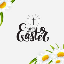 Happy Easter  Banner With Chamomile Flowers And Lettering. Sale, Offer Banne, Greeting Card