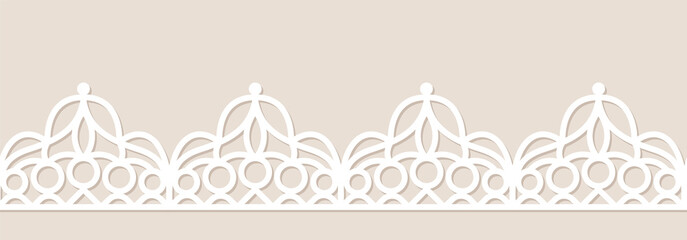 Wall Mural - Paper lace frame with seamless horizontal decorative border on beige background. Vector illustration.
