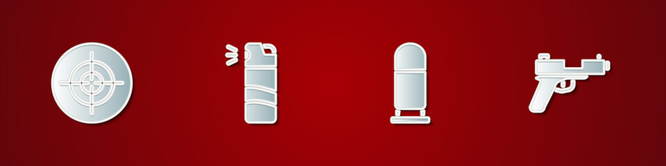 Sticker - Set Target sport, Pepper spray, Bullet and Pistol gun icon. Vector.